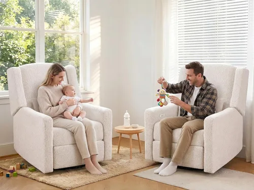 Vista 3 de Juego de 2 mecedoras eléctricas para guardería, tela de peluche agradable a la piel, silla reclinable giratoria dorada, silla de lactancia eléctrica