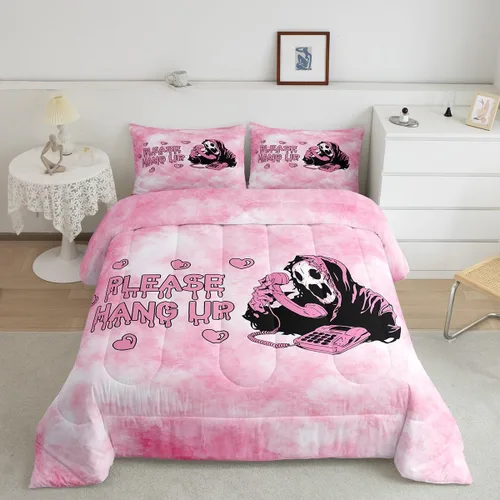 Vista 45 de Feelyou Juego de edredón de Halloween, color rosa fantasma, juego de ropa de cama tamaño individual, decoración para niños y niñas, lindo juego