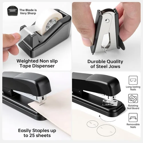 Vista 4 de Suministros de oficina negros para niños, accesorios de escritorio negros, juego de engrapadora y dispensador de cinta para niños, mujeres, regalo