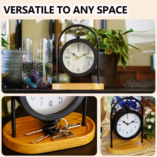 Vista 5 de Reloj de escritorio de metal negro con base de madera, reloj de mesa decorativo para sala de estar, relojes de repisa silenciosos, decoración