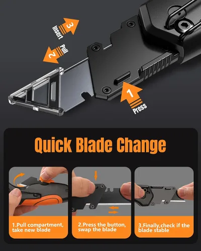 Vista 7 de Cuchillo utilitario plegable de 4 en 1, cuchillo de corte de caja multiherramienta con clip de cinturón, cuchillo de afeitar de cambio rápido