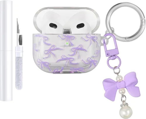 Vista 9 de Funda compatible con AirPods 3 2021, TPU suave con bonito patrón de flores para AirPods de 3ª generación con llavero de flores y mosquetón para Negro