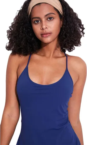 Vista 4 de Vestido de entrenamiento para mujer con brasier y pantalones cortos integrados, sin mangas, vestido atlético de tenis y golf con bolsillos