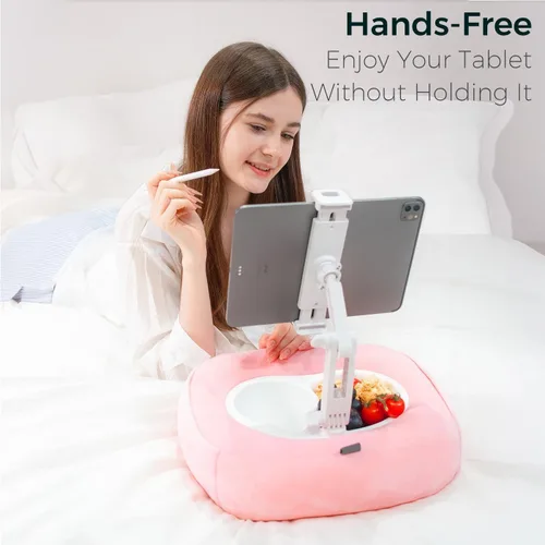 Vista 3 de Soporte de almohada para tableta, soporte ajustable para Kindle con 2 cuencos para aperitivos, soporte ajustable para iPad de 360° para cama