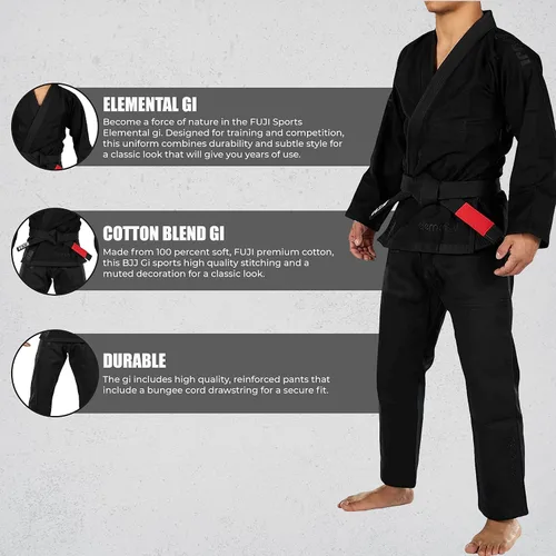Vista 5 de FUJI Elemental Brazilian Jiu Jitsu Gi, uniforme BJJ con tejido Pearl WeaveJacket, hecho de mezcla de algodón Fuji Negro