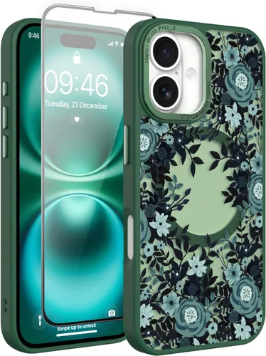 Vista 94 de Magnético para iPhone 13 con protector de pantalla [Compatible con MagSafe] Diseño de patrón floral de flores bonitas, funda delgada a prueba
