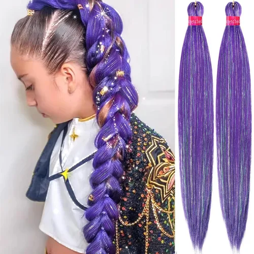 Vista 25 de Cabello trenzado verde con lentejuelas de 26 pulgadas, preestirado, trenzas de textura Yaki, extensiones de cabello pre plumadas, 3 paquetes, fácil