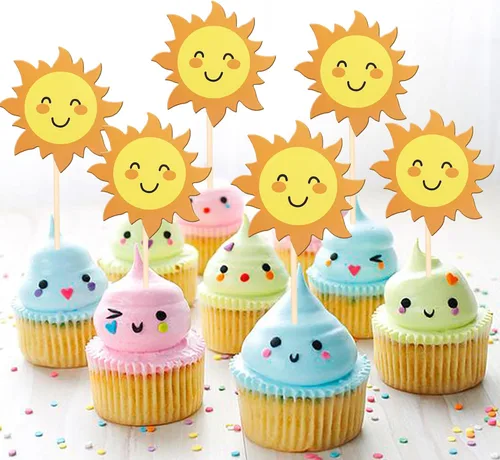 Vista 4 de 36 piezas de decoración para cupcakes de sol de doble cara con diseño de flores y sonrisas, decoración de cupcakes SunShine para temática de sol