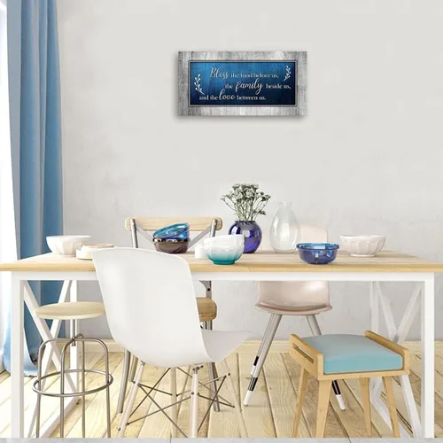 Vista 3 de Arte de lienzo para pared para decoración de sala de estar - Impresiones en lienzo azul y gris, pintura con cita "Bless The Food" - Cuadros