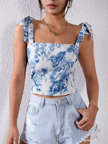 Vista 3 de WDIRARA Blusa corta sin mangas con estampado floral y cuello cuadrado para mujer