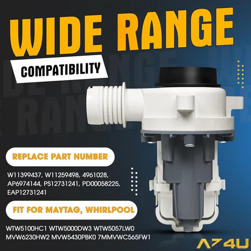 Vista 3 de AZ4U Actualización WTW5057LW0 WTW5010LW0 WTW5000DW3 WTW5105HW2 WTW5100HW1 Bomba de drenaje para lavadora Whirlpool, W11399437 W11259498 B25-3A04