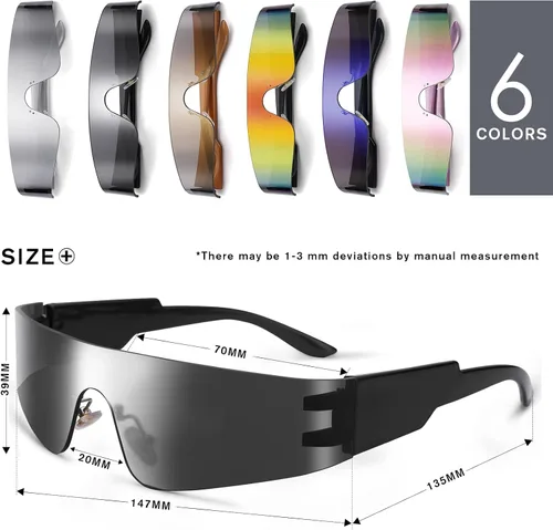 Vista 4 de COASION Y2K - Gafas de sol futuristas envolventes sin montura para mujeres y hombres, ciberpunk visera escudo de sombras monobloque cíclope gafas