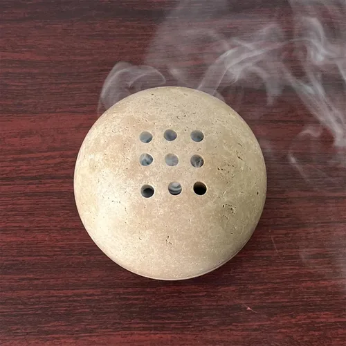 Vista 8 de 9 agujeros hecho a mano de mármol natural redondo quemador de incienso soporte para meditación, decoración de habitación/cocina/cafetería