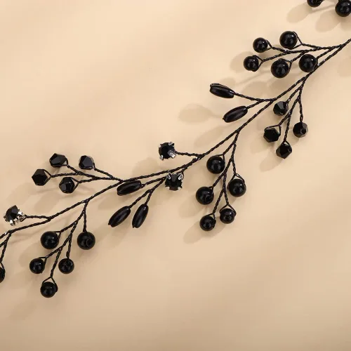 Vista 5 de Teyglen Perlas de cristal de novia, cuentas de diamantes de imitación negros, hechas a mano, pelo largo, diadema de vid para novia, accesorios