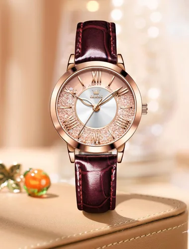 Vista 7 de OLEVS Reloj elegante para mujer, con correa de cuero, para mujer, diseño de arena movediza de diamante, oro rosa, acero inoxidable, resistente al