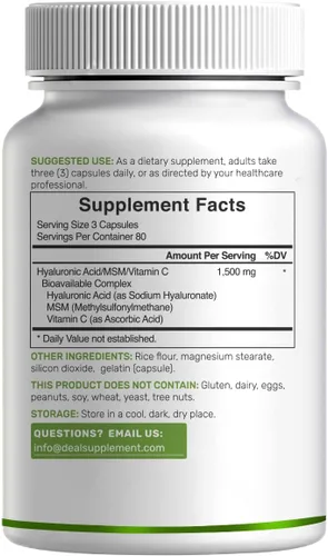 Vista 7 de DEAL SUPPLEMENT Complejo de ácido hialurónico 1,500 mg - 240 cápsulas, con MSM y vitamina C