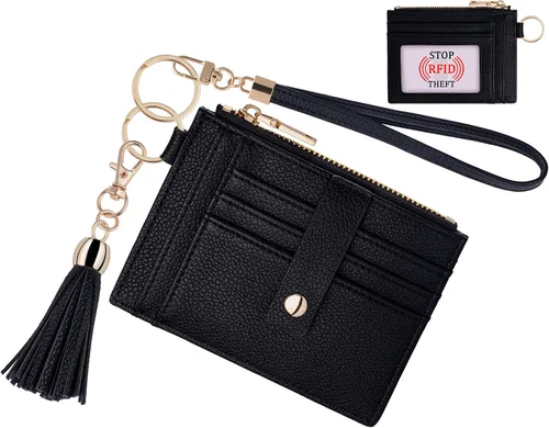 Vista 7 de Estuche Delgado para Tarjetas RFID para Mujer con Correa de Muñeca, Cartera con Cremallera para ID, Cartera de Cuero Pequeña, Monedero con Llavero