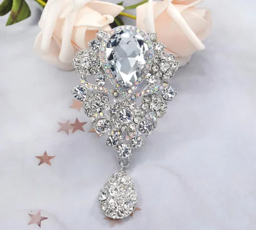 Vista 4 de Gyn&Joy Broche de cristal austríaco para mujer, diseño de lágrima, grande, hermoso broche