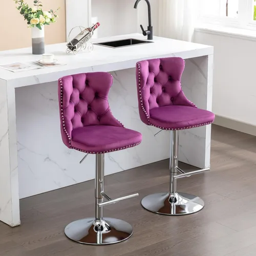 Vista 33 de Aoowow Juego de 2 taburetes de bar giratorios, taburetes de bar ajustables con respaldo de terciopelo copetudo, sillas de bar modernas tapizadas