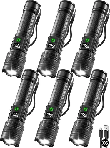Vista 8 de Paquete de 3 linternas recargables de alto lúmenes 9900FL, linterna LED recargable con pantalla digital LCD, 5 modos de luz de flash ajustable