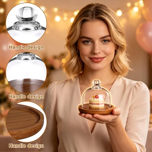 Vista 6 de Yardwe Paquete de 2 mini cúpula de postre de cristal con base de madera, soporte para pasteles de 3.4 pulgadas con cubierta de vidrio transparente