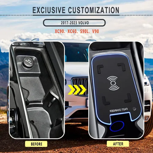 Vista 2 de Soporte de cargador inalámbrico para automóvil compatible con Volvo XC90, XC60, S90L, V90 2017-2023, QC 3.0 de carga rápida compatible con iPhone