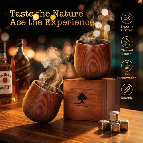 Vista 2 de Juego de 2 vasos de whisky de madera carbonizada – Vaso de bourbon duradero para hombres, vaso de estilo antiguo aislado – Regalos de whisky