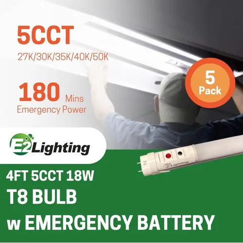 Vista 2 de E2 LIGHTING Bombillas LED T8 de 4 pies con batería de emergencia, repuesto de tubo fluorescente, 5 CCT sintonizables 2700K-5000K, 6W, 120-277V