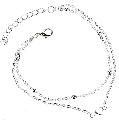 Vista 2 de Tobilleras de playa, pulsera de tobillo con dije de corazón de amor, tobillera ajustable de acero inoxidable, joyería de pie de playa, plata