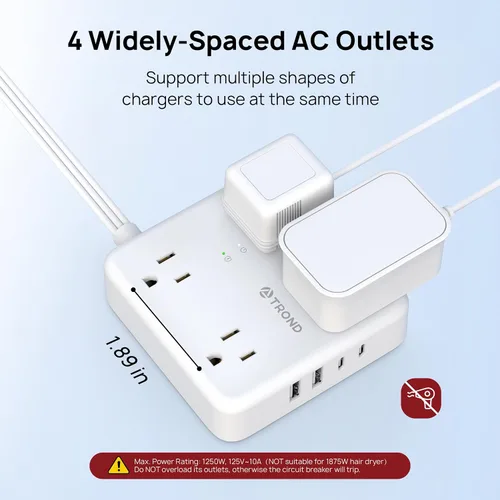 Vista 3 de TROND Regleta protectora de sobretensiones con puertos USB, cable de extensión de enchufe plano de 10 pies con múltiples tomas, 1440J, montaje