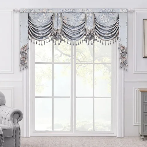 Vista 10 de Loom and Mill Cenefa de cascada de lujo, de jacquard, para sala de estar y dormitorio, elegantes cenefas florales europeas con borlas, cortinas azul