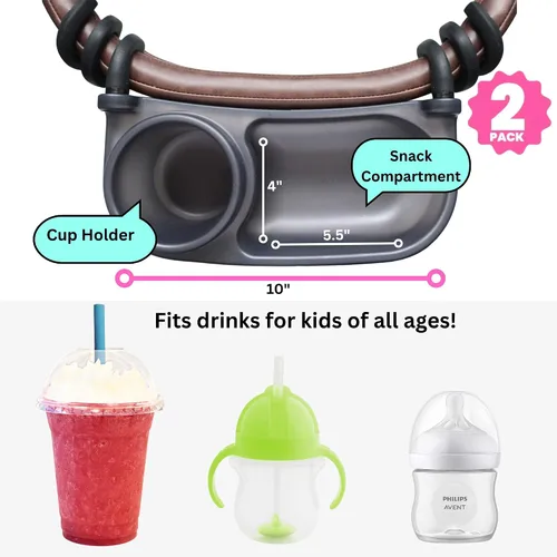Vista 3 de Bandeja universal para refrigerios para cochecito, soporte para tazas, paquete de 2 barras de parachoques