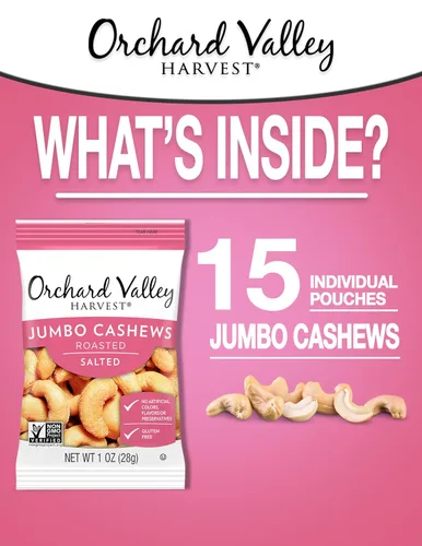 Vista 3 de Orchard Valley Harvest Anacardos jumbo, bolsas de 1 onza (paquete de 15), anacardos salados tostados enteros, sin gluten, sin colorantes, sabores ni