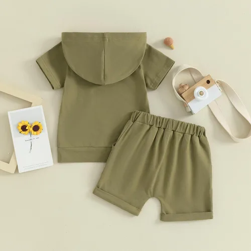 Vista 4 de Conjunto de ropa casual de manga corta con capucha y pantalones cortos para bebés y niños pequeños