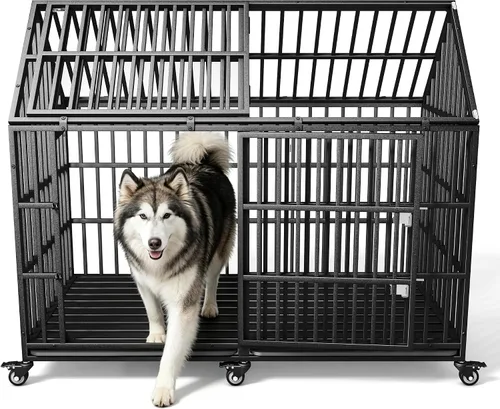 Vista 9 de Jaula resistente para perros de 58 pulgadas, jaula para mascotas duradera con techo, 2 puertas, bandejas extraíbles, ruedas con cerradura a prueba