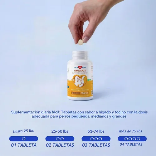 Vista 6 de Aceite de pescado Omega 3 para perros, 120 tabletas masticables - con Omega 3, 6 y 9, vitamina E para el desprendimiento de perros, picazón, piel