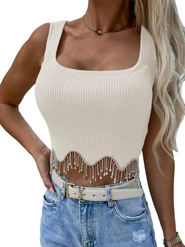 Vista 5 de LYANER Camiseta sin mangas con flecos de diamantes de imitación para mujer, cuello cuadrado, sin mangas