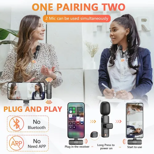 Vista 3 de Micrófono inalámbrico para iPhone, teléfono Android, portátil, paquete de 2 micrófonos Lavalier para grabación de video, micrófonos mini