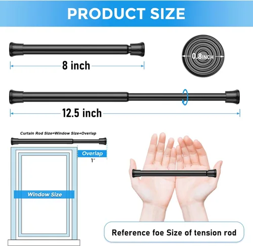 Vista 2 de Pack de 2 cortineros con resorte de tensión de 8 a 12.5 pulgadas, cortineros mini DIY sin necesidad de perforación para ventanas delgadas, armarios