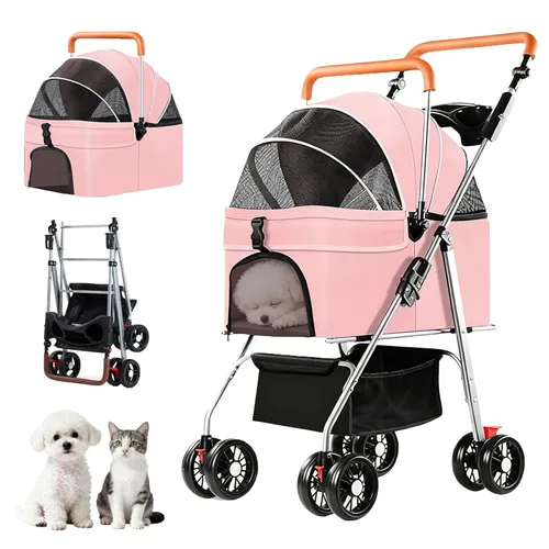 Vista 11 de YYW Cochecito para mascotas para perros y gatos pequeños, 3 en 1 plegable para gatitos, cachorros, carrito de paseo de viaje con portador extraíble