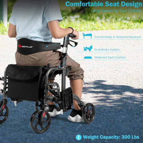 Vista 3 de GOPLUS Andadores con ruedas 2 en 1 para personas mayores, andador plegable con asiento, rueda de 8 pulgadas, combinación de andador médico y silla