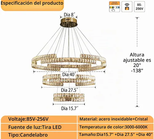 Vista 2 de D40''+D27.5''+D15.7'' Moderna lámpara de araña de oro de 3 anillos de cristal para sala de estar, luz colgante de cristal, entrada de vestíbulo Oro