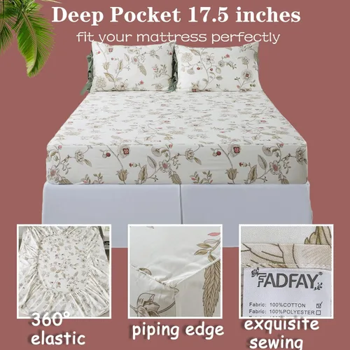 Vista 2 de FADFAY Juego de ropa de cama de 7 piezas, 100% algodón, diseño floral beige, tamaño Queen + funda de edredón, ropa de cama completa con flores rosas