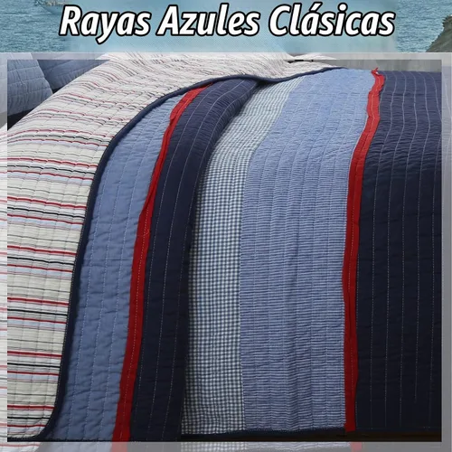 Vista 6 de Cozy Line Home Fashions - Juego de ropa de cama acolchada reversible de 100% algodón, con rayas azul marino y rojo, para niño, colcha, colcha