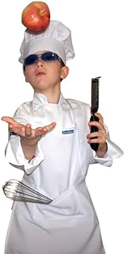 Vista 3 de Chefskin M White Kid Kids Chef Set (Apron+sombrero) Lite Tela Se adapta a 8-12