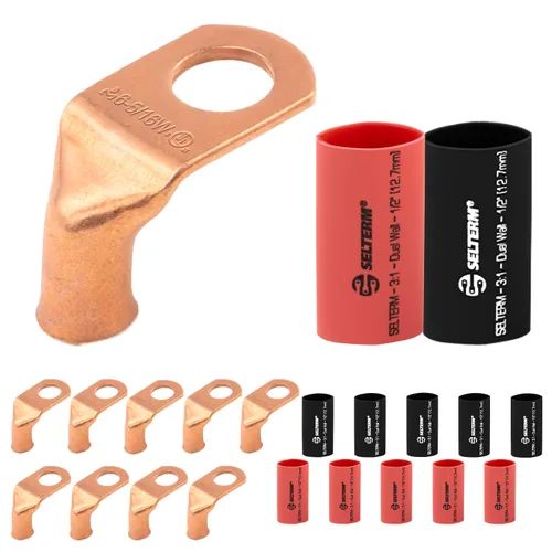 Vista 180 de SELTERM - 5 terminales de anillo resistentes para cable de batería, calibre 1/0 AWG, pernos de 1/2 pulgadas, terminales de calibre 0, ojales