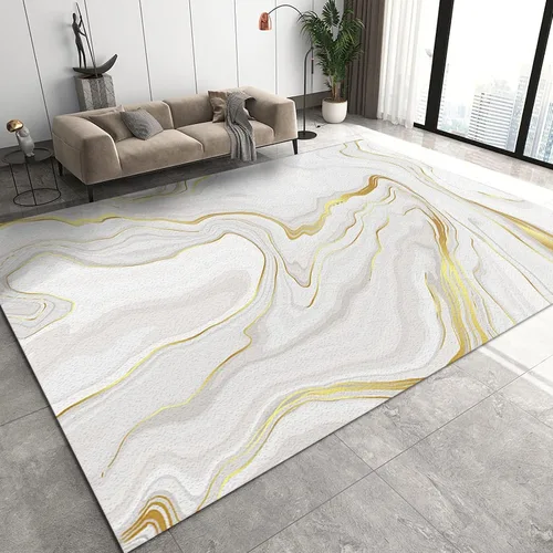 Vista 20 de Alfombra minimalista de lujo con diseño geométrico para sala de estar, alfombra moderna con estampado de mármol rosa dorado, alfombra rectangular