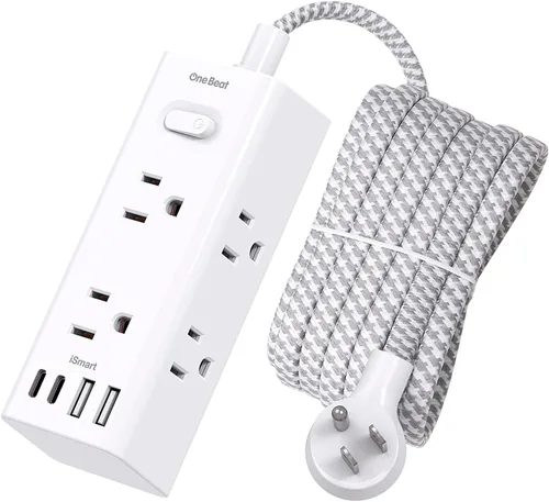 Vista 12 de One Beat Cable de extensión corto de 1 pie, regleta de alimentación de enchufe plano, protector de sobretensiones – 6 salidas amplias con 4 puertos
