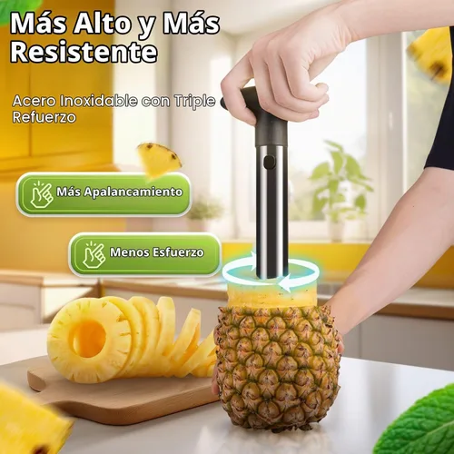 Vista 4 de Flexzion - Herramienta de cocina de acero inoxidable para pelar y sacar el corazón de ananá, para cortar y rebanar fácilmente fruta, con mango
