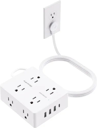 Vista 8 de Olcorife Tira de alimentación USB de 230 W, cable de extensión de enchufe plano ultrafino de 5 pies, 4 salidas de CA, 8 puertos USB